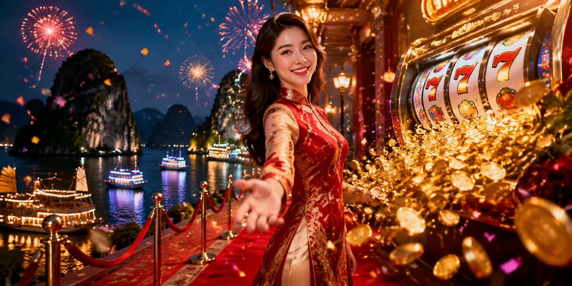 Không khí lễ hội game slots tại vùng biển Hạ Long với ánh đèn rực rỡ