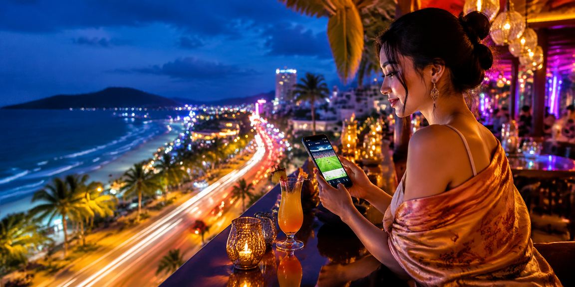 Bảng tỷ lệ cá cược thể thao neon tại Phú Quốc ban đêm với ánh đèn điện quang